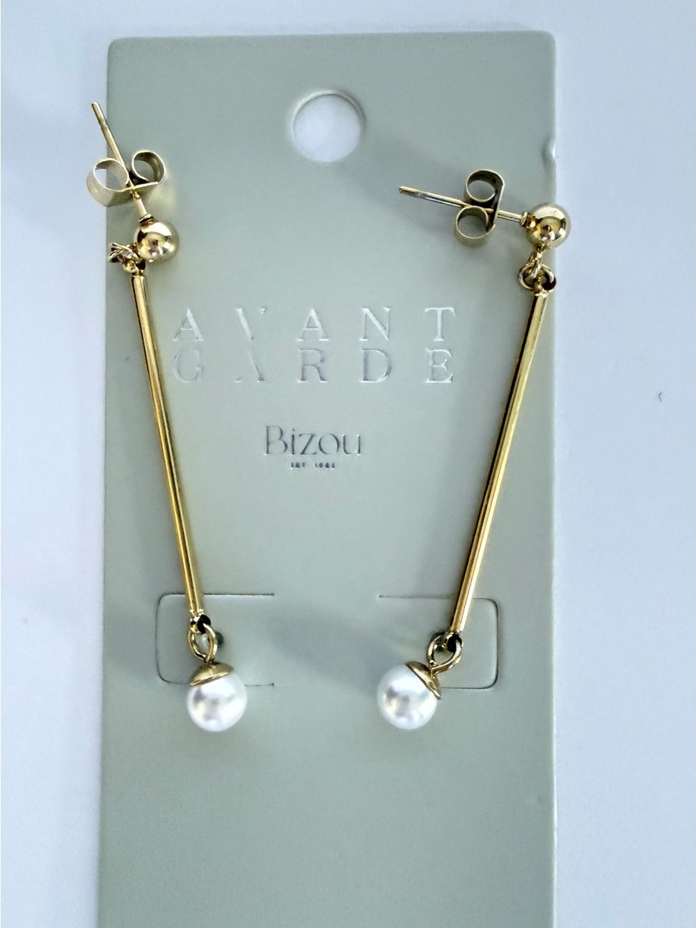 NWT Avant Garde Bizou Pearl Drop Bar Earrings Gold Tone NWT